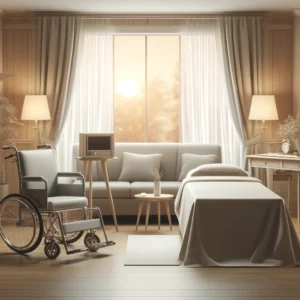 A serene living room with subtle medical equipment, like a medical bed and a wheelchair, subtly placed. The room features comforting elements such as soft lighting, a large window with curtains drawn partly, letting in gentle sunlight. Nearby, a small stereo softly plays music. The atmosphere is calm and reassuring, designed to represent a home setting prepared for long-term care without depicting any people.