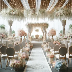 A beautifully decorated wedding venue with an elegant and accessible design, suitable for guests with mobility issues, without any people. The scene should include a wedding aisle lined with white and pastel flowers, leading to a decorated arch where ceremonies are held. The seating arrangement is spaced out, accommodating wheelchairs, with plush chairs and decorative elements that reflect a joyous and loving atmosphere. The setting is both festive and serene, designed to welcome all guests comfortably.