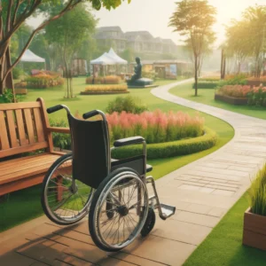 A serene and inviting outdoor setting with a wheelchair positioned near a park bench. The park is beautifully landscaped with a variety of flowering plants and trees. A paved pathway winds through the park, suggesting accessibility. In the background, there's a glimpse of a local art festival with tents and banners, but no people are visible. This setting evokes a sense of peacefulness and the enjoyment of nature, suitable for someone who cherishes outdoor activities but requires support.