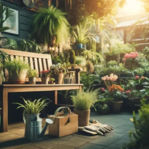 A cozy home garden scene showing a well-maintained garden with various plants and flowers. The focus should be on a small garden bench and a gardening kit placed beside it, suggesting someone has been taking care of the plants. The atmosphere should evoke tranquility and care, with sunlight filtering through the leaves, creating a serene and peaceful environment. This image is intended to symbolize the therapeutic activity of gardening without showing any people.