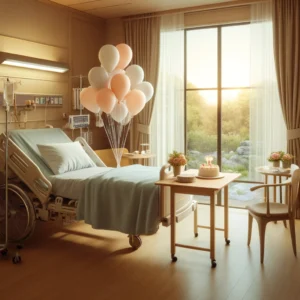 A serene hospital room decorated for a small birthday celebration. The room is filled with balloons and a small table with a birthday cake on it. The bed is tidy, and there is a large window with curtains partially drawn, letting in natural light. Outside the window, there is a view of a tranquil garden. The atmosphere is warm and comforting, conveying a sense of care and attention, typical of a compassionate nursing service. No people are included in the image.