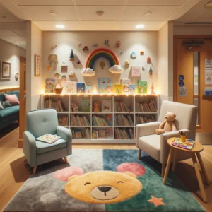 A cozy children's reading nook in a hospital waiting area, designed to provide comfort and distraction. The scene features a small bookshelf filled with colorful children's books, a plush armchair, and a soft rug. The area is warmly lit, with cheerful, kid-friendly decorations on the walls and a small table with crayons and drawing paper. The atmosphere is calm and inviting, tailored to help children feel at ease during their hospital visits, focusing on the nurturing environment without any people present.