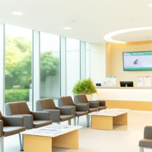 A modern and well-equipped hospital waiting area with no people. The scene includes comfortable seating arranged neatly with a view of a large window looking out to a calming garden. There's a reception desk with informational brochures and a digital display showing hospital services. The environment is clean and tranquil, designed to provide comfort and ease for patients awaiting their appointments. The overall atmosphere should convey a sense of professionalism and care in a healthcare setting.
