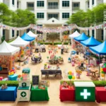 A festive outdoor scene at a senior living home, set up for a festival event with various stalls and decorations, without any people. The image should show a colorful array of booths offering games, food, and crafts, all designed to be accessible for seniors. Additionally, the scene includes a first aid station with a clearly marked sign and a hydration station to emphasize safety and care. The setting is vibrant and joyful, decorated with banners and balloons, capturing the essence of a community celebration.