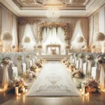 A beautifully decorated wedding venue set for a ceremony, without any people. The scene includes an elegant aisle lined with white chairs and floral decorations on each side, leading up to a beautifully adorned altar with flowers and soft draperies. The atmosphere is romantic and celebratory, showcasing a mix of traditional and modern wedding styles with a touch of sophistication. This image should evoke the joy and solemnity of a wedding ceremony, emphasizing the setting's detailed and careful preparation.