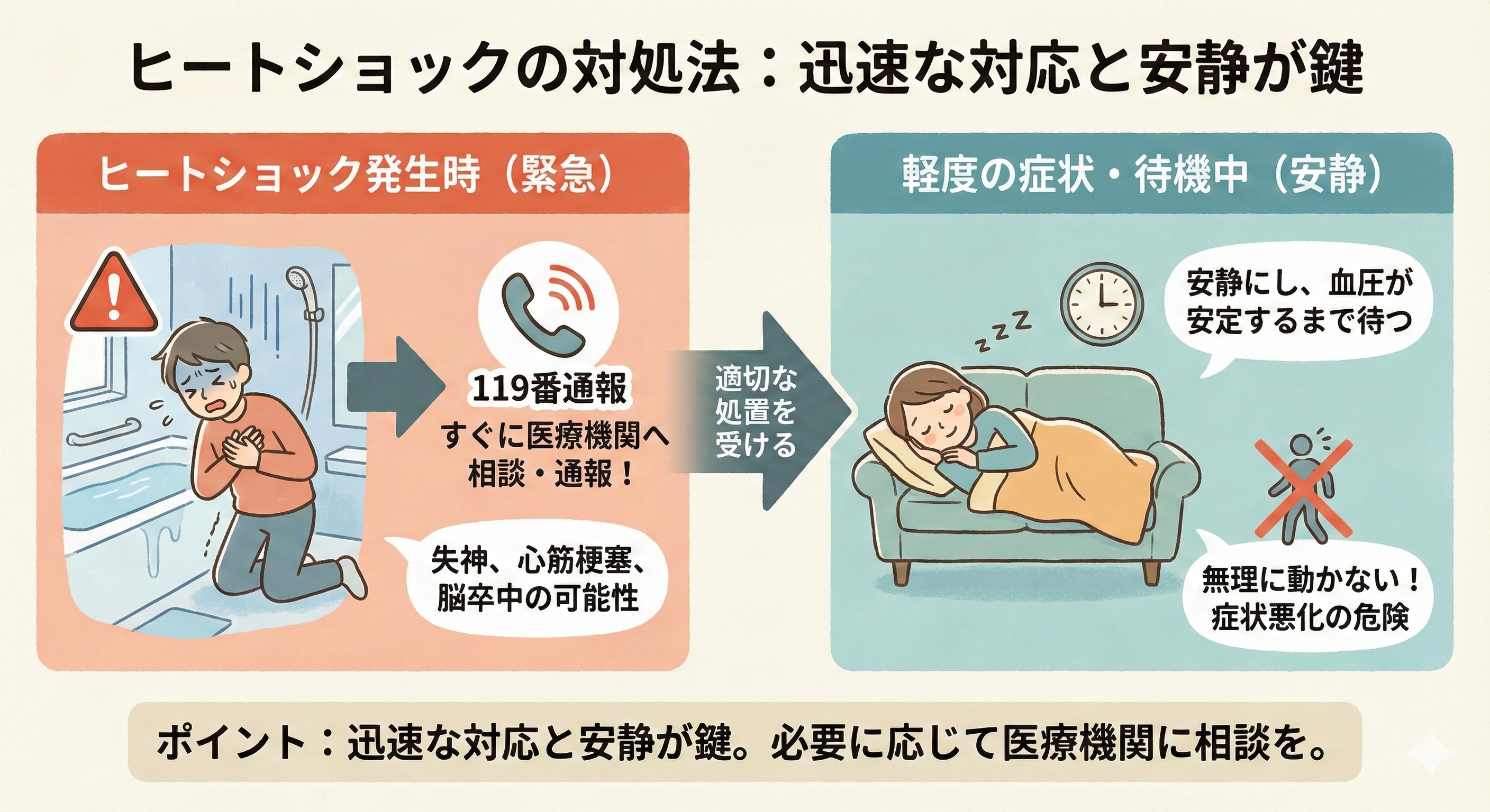 ヒートショックの対処法

ヒートショックが発生した場合、迅速な対応が求められます。特に、急激な温度変化によって血圧が大きく変動し、失神や心筋梗塞、脳卒中を引き起こす可能性があるため、すぐに医療機関に相談し、適切な処置を受けることが推奨されます。

軽度のヒートショックの症状が見られる場合でも、安静にし、血圧が安定するまで待つことが必要です。無理に動くことで症状が悪化する可能性があります。

ポイント：迅速な対応と安静が鍵。必要に応じて医療機関に相談を。