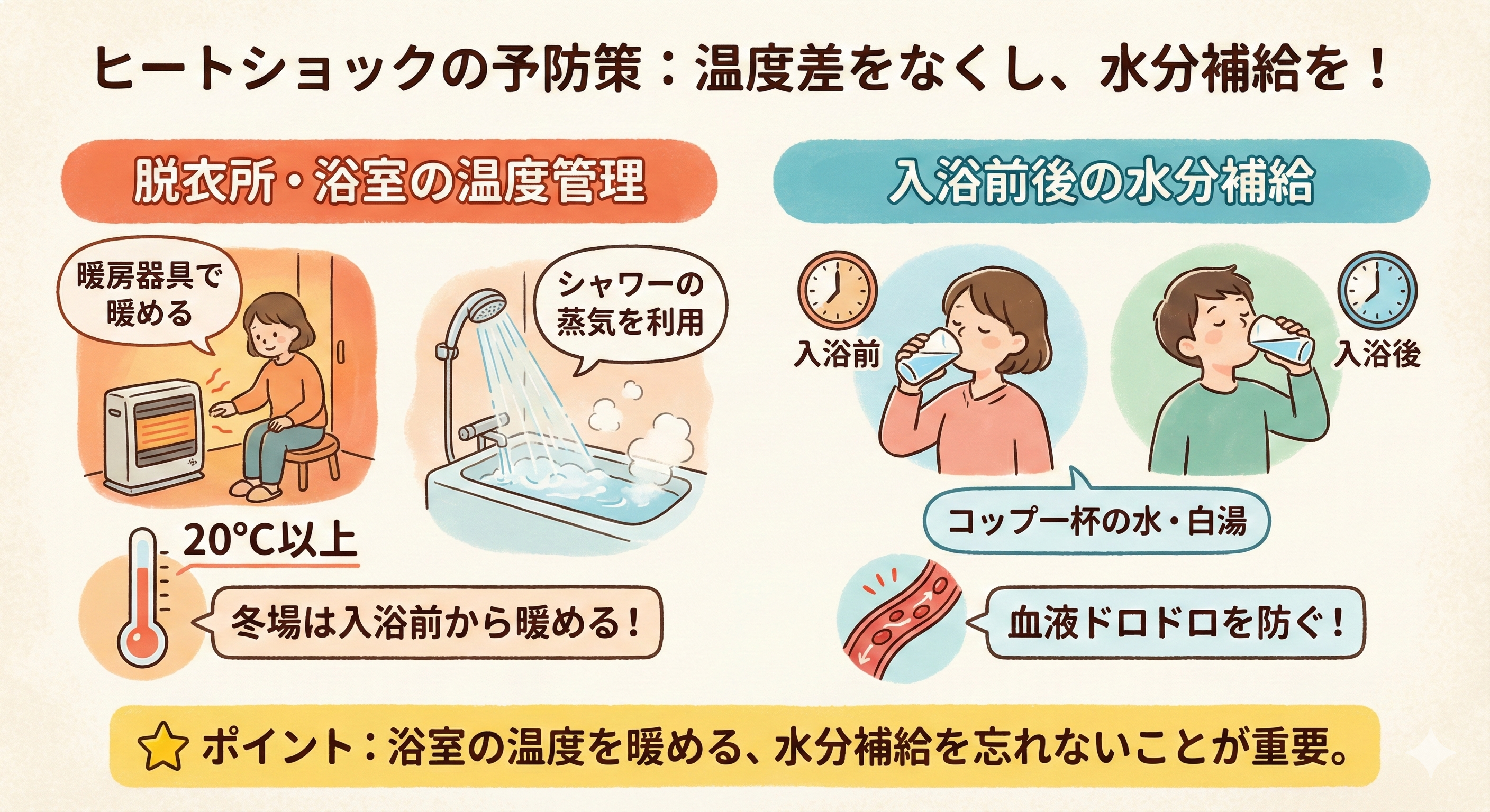 ヒートショックの予防策

ヒートショックを予防するためには、脱衣所や浴室の温度差をなくすことが不可欠です。特に冬場は、暖かい居室から寒い脱衣所や浴室に移動する際に、体が急激な温度変化にさらされます。このため、入浴前から脱衣所や浴室を暖房器具で暖めることが推奨されます。例えば、浴槽にお湯を入れる際にシャワーを使って蒸気を利用することで、浴室全体の温度を上げることができます。

入浴前後の水分補給は、ヒートショックのリスクを軽減するために非常に重要です。入浴中は汗をかくことで体内の水分が失われ、血液がドロドロになりやすくなります。

ポイント：浴室の温度を暖める、水分補給を忘れないことが重要。