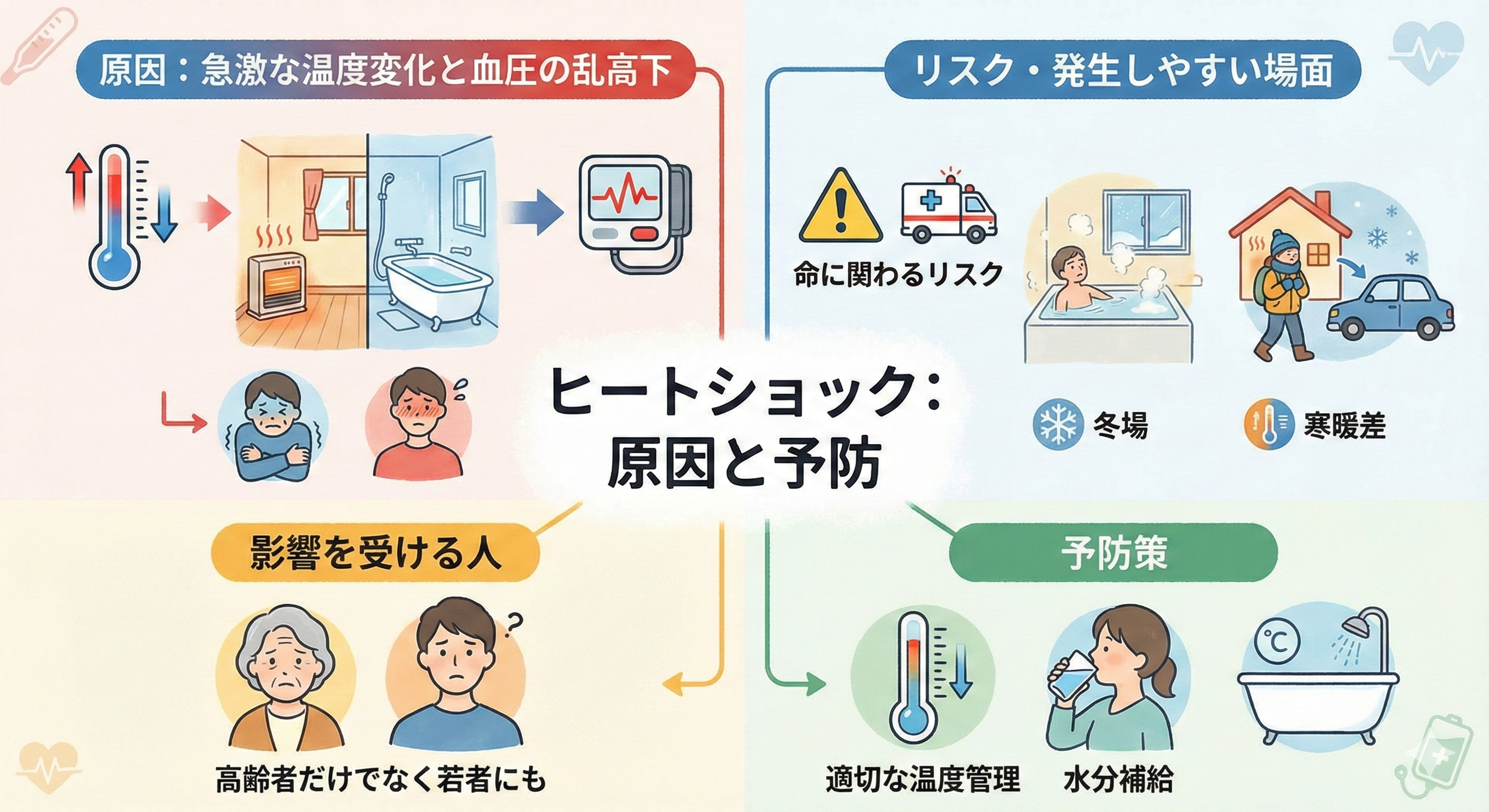 ヒートショックは急激な温度変化による血圧の乱高下が原因で、命に関わるリスクを伴う現象です。特に冬場の入浴時や寒暖差の激しい環境で発生しやすく、高齢者だけでなく若者にも影響を及ぼします。予防のためには、適切な温度管理や水分補給が必要不可欠です。